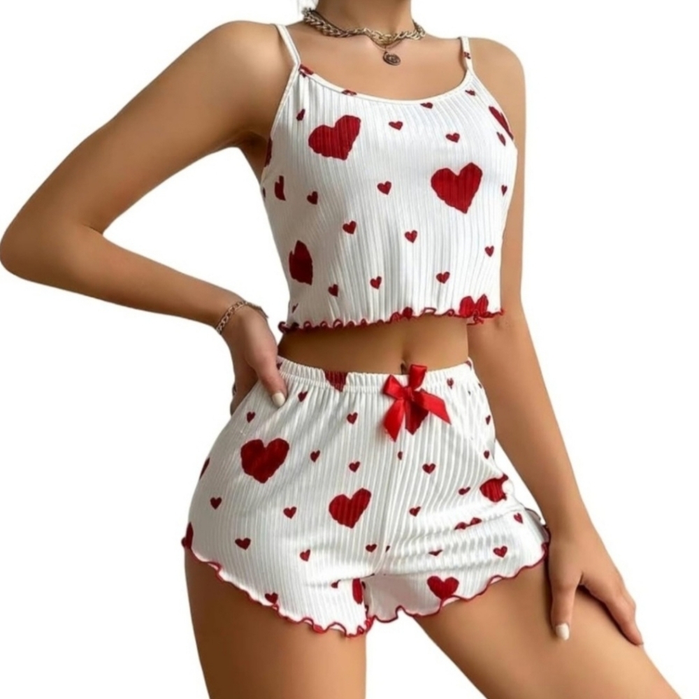 New! Sexy Heart Print Pajama Set Ribbed Size M